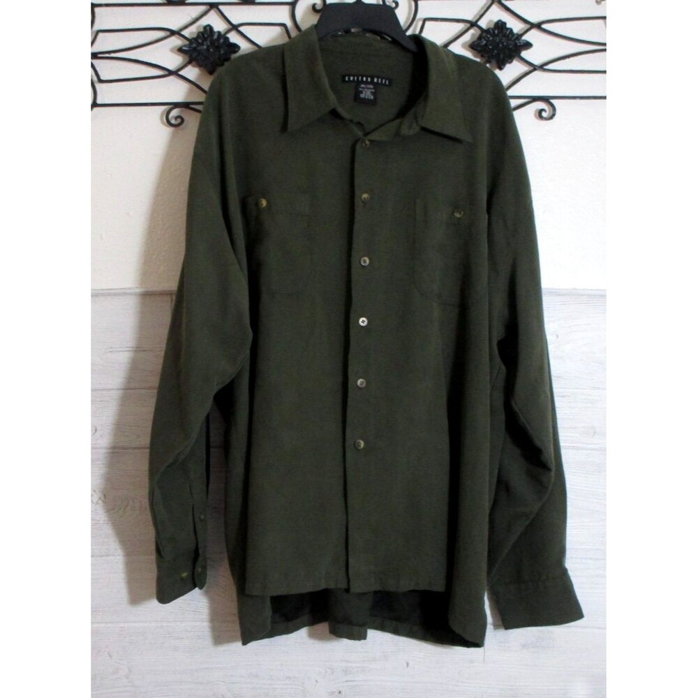Cotton Reel Button Up Shirt Men's 2X Green Solid Microfiber 100% Polyester